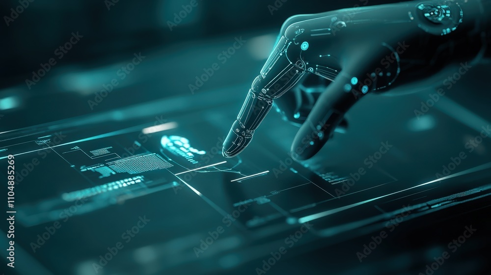 Aufkleber Futuristic robotic hand interacting with a digital interface, showcasing advanced technology in artificial intelligence and user engagement in a modern environment.
