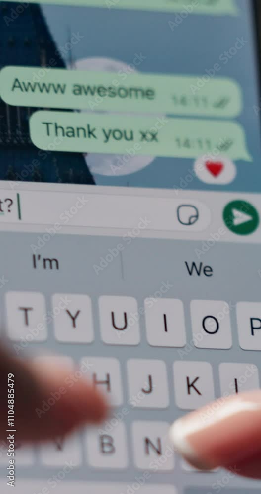 Poster phone screen, typing and hands of person with message for planning lunch, chatting and texting. onli