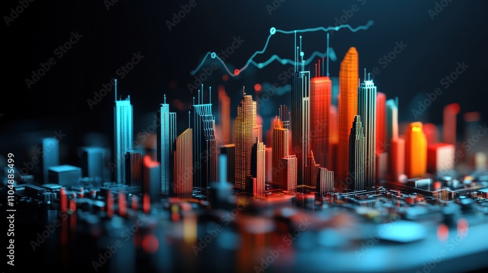 Poster futuristic city skyline at night with glowing lights and digital data visualization representing gro