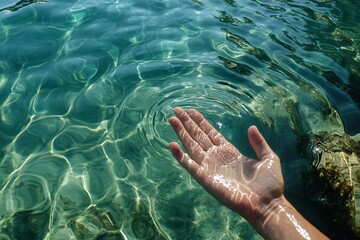 A serene image of a hand reaching into clear water, creating gentle ripples, highlighting the beauty of nature and tranquility.