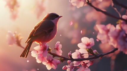 Serene Sunset: A Bird Amongst Cherry Blossoms