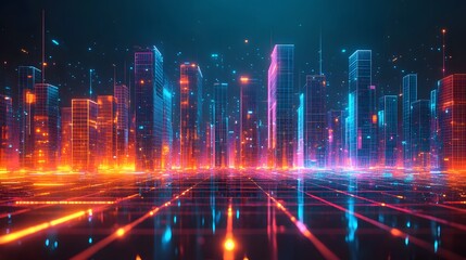 Obraz premium Futuristic city skyline at night with glowing neon lights and digital grid.