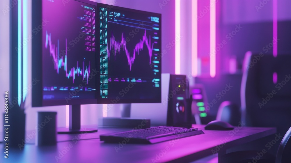 Poster futuristic office setup with computer screens and neon lighting