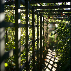 A vegetable trellis casting intricate shadows in a garden setting