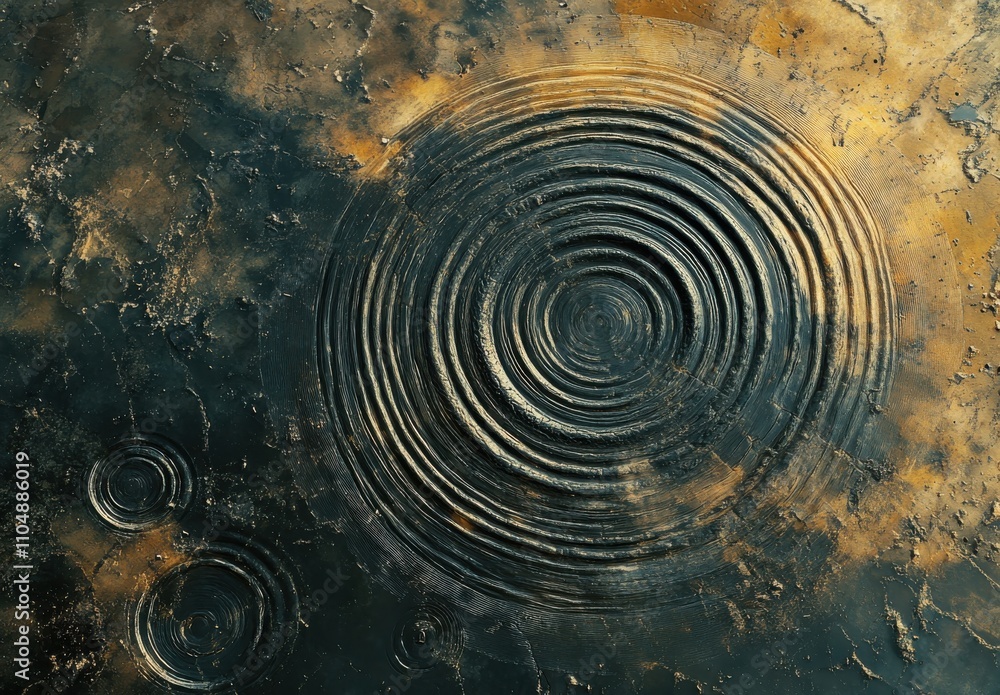 Poster abstract circular patterns in dark background with gold tones, textured waves and ripples illustrati