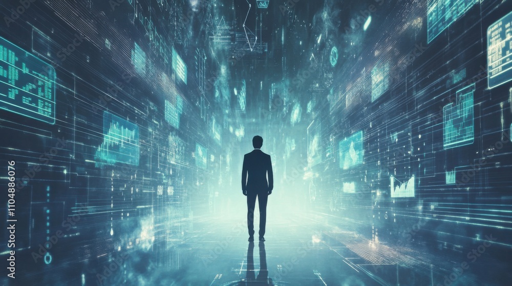 Poster man standing in digital space with data and technology visuals