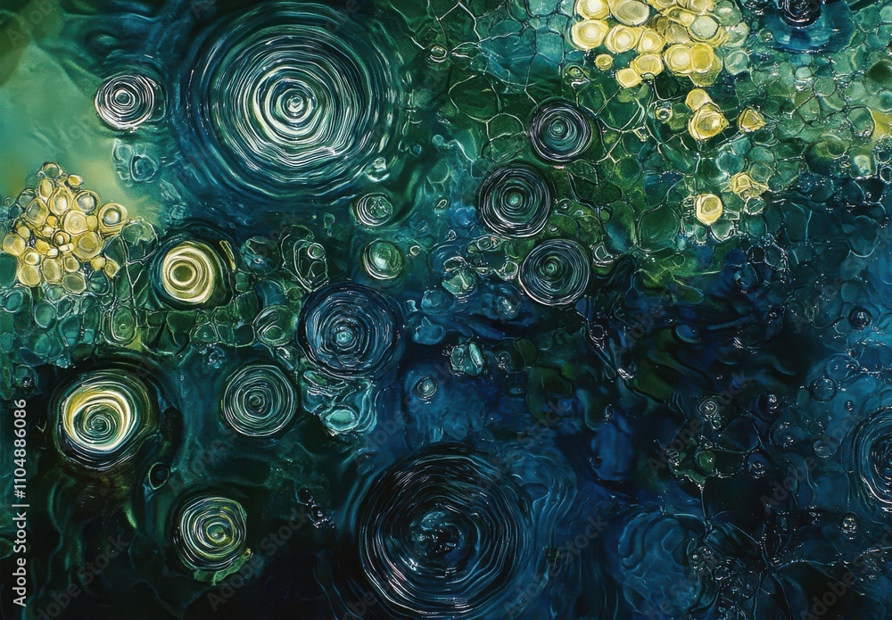 Poster abstract colorful water ripple patterns with bubbles and bright circles in shades of green and blue 