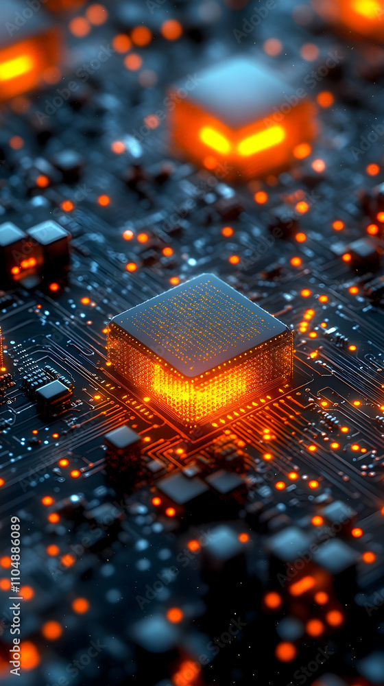 Poster glowing cube on circuit board. abstract tech
