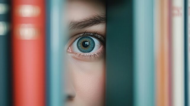 Eye peeking from behind a library bookshelf, knowledge and curiosity, subtle lighting, quiet mystery