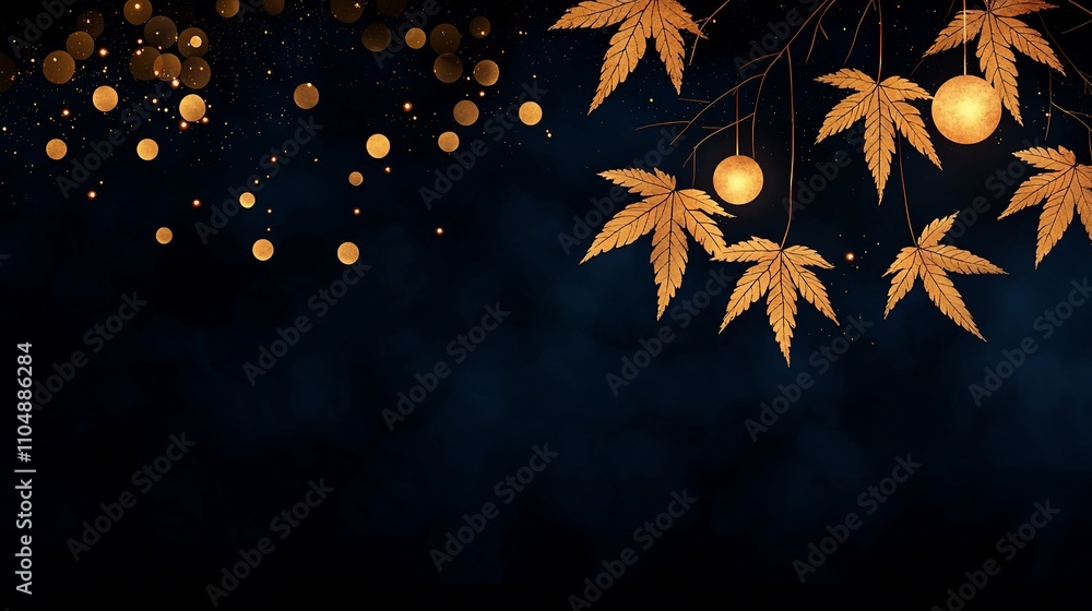 Poster golden maple leaves and lights on a dark background with bokeh.