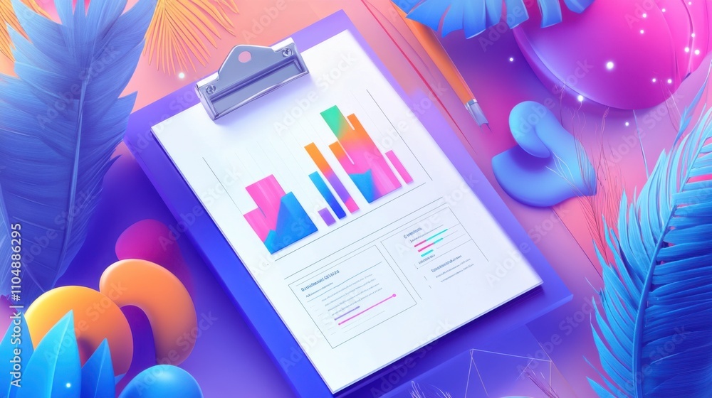 Poster colorful abstract data visualization on clipboard surrounded by elements
