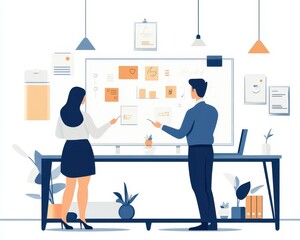 Asian business couple in smart casual attire brainstorming at a whiteboard, minimalist office design, innovation in workplace culture