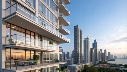 Modern City Skyline with Glass Skyscrapers and  blue sky with puffy clouds V9