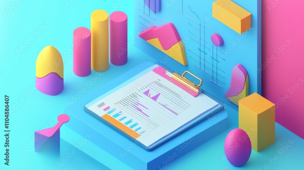 Poster colorful 3d data visualization with charts and graphs on desk