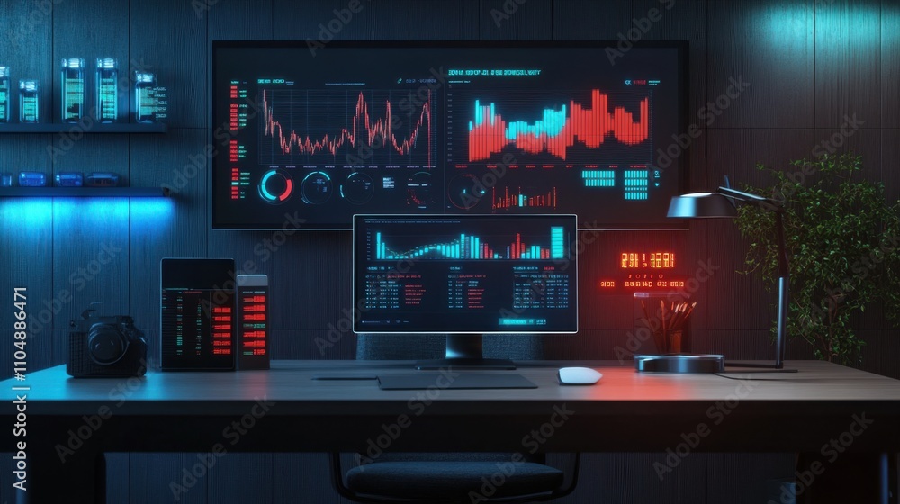 Poster modern data analysis workspace with screens and tech gadgets