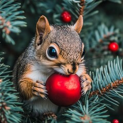 Adorable squirrel amidst evergreen branches, holding a red ornament.