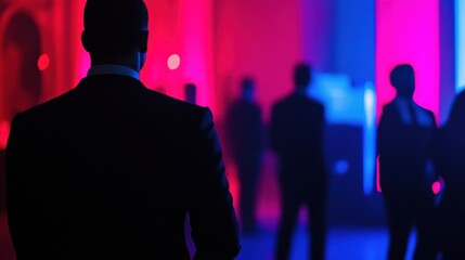 Bodyguards managing a discreet security operation during a corporate gala, ensuring the safety of executives in attendance