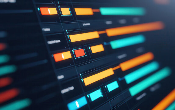 Project management interface, task strikeoff timeline, progress tracking, 3D illustration