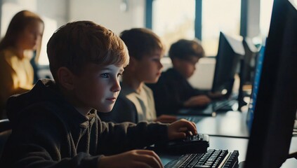 A focused group of young children engaged in computer activities, highlighting digital learning in a bright classroom environment.