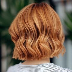 Naklejka premium Back view of a woman with stylish, wavy, copper-red bob haircut.