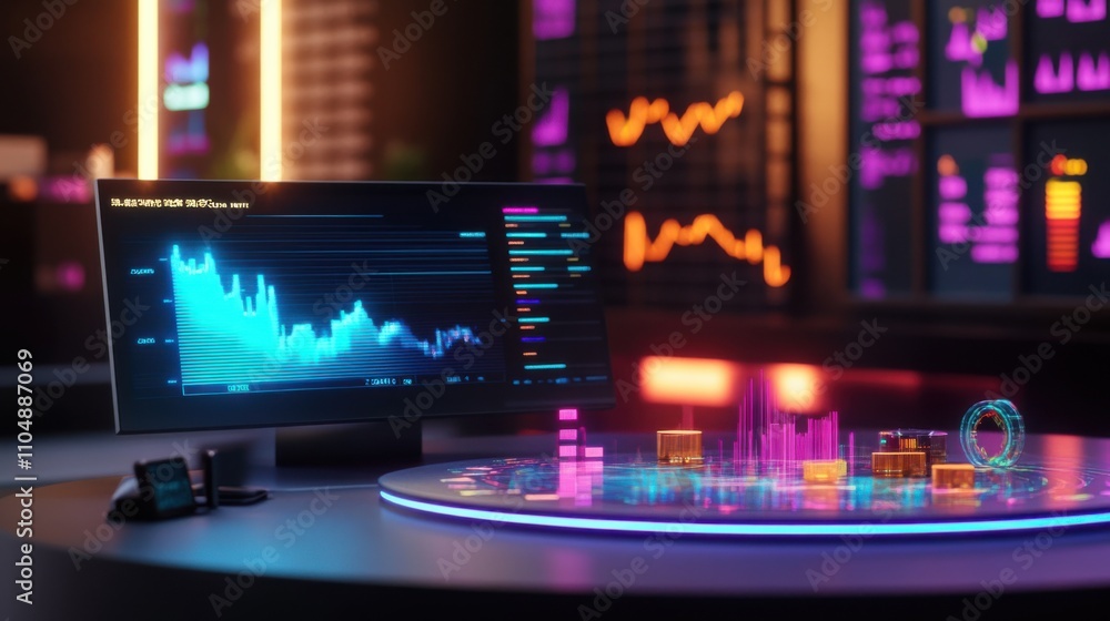 Poster futuristic data visualization setup with monitors and graphs at night