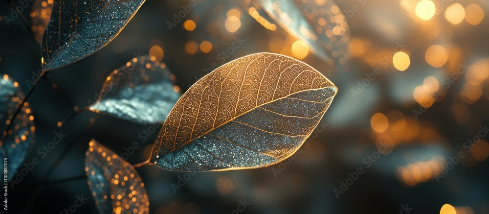 Poster close-up of a single leaf with bokeh background.