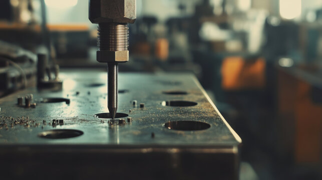 Close up shot of countersink depth gauge tool on metal surface, showcasing precision in workshop environment. tool is positioned above hole, emphasizing its functionality and craftsmanship