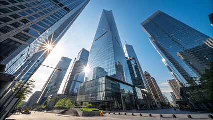 Modern City Skyline with Glass Skyscrapers and  blue sky with puffy clouds V18