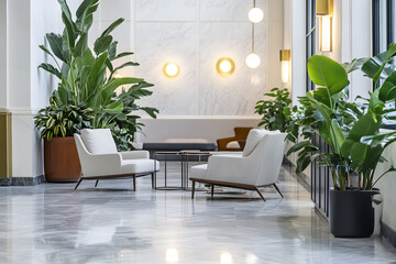 Luxurious modern hotel lobby with high ceilings elegant lighting and sophisticated decor. the space features sleek marble floors, comfortable seating areas with plush armchairs. White living room.