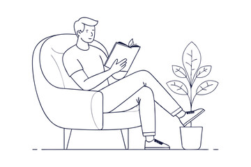 Line Drawing of Man in Comfortable Armchair Reading a Book - Vector Line Art Illustration