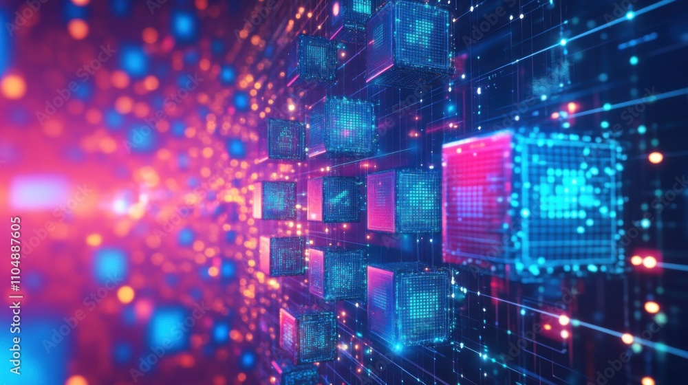 Poster futuristic data visualization with colorful cubes and digital effects