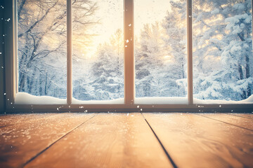 Empty brown wood floor and window clear glass with winter landscape in pine forest with snow orange morning sunlight. Winter frozen. Snowfall white and trees view from house to nature in winter season