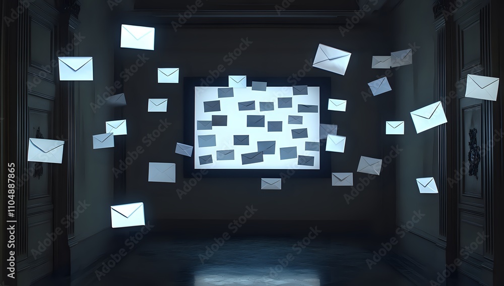 Poster digital correspondence enigma a surreal floating envelopes in a dark gallery hallway