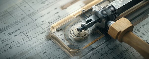 detailed cross section diagram of mechanical component on blueprints, showcasing precision engineering and design. image evokes sense of innovation and craftsmanship