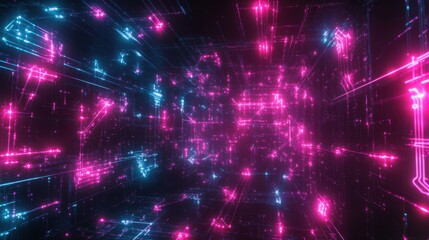 Naklejka premium Neon Blue and Pink Digital Data Tunnel in Futuristic Space