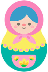 Hand Drawn Cute Matryoshka Russian Dolls Pink and Yellow headscarf 