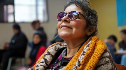 Hispanic blind woman learning life skills at a community workshop in Buenos Aires, Argentina