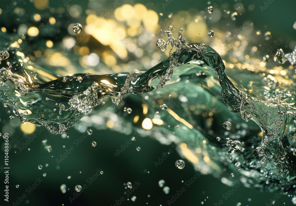 Poster captivating close-up of water splashing with golden reflections and bokeh effect, creating an enchan