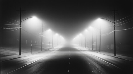 Dark, empty urban street at night with faint city lights through fog, streetlights off, occasional distant car alarm, eerie atmosphere highlighting sudden power loss in bustling city.