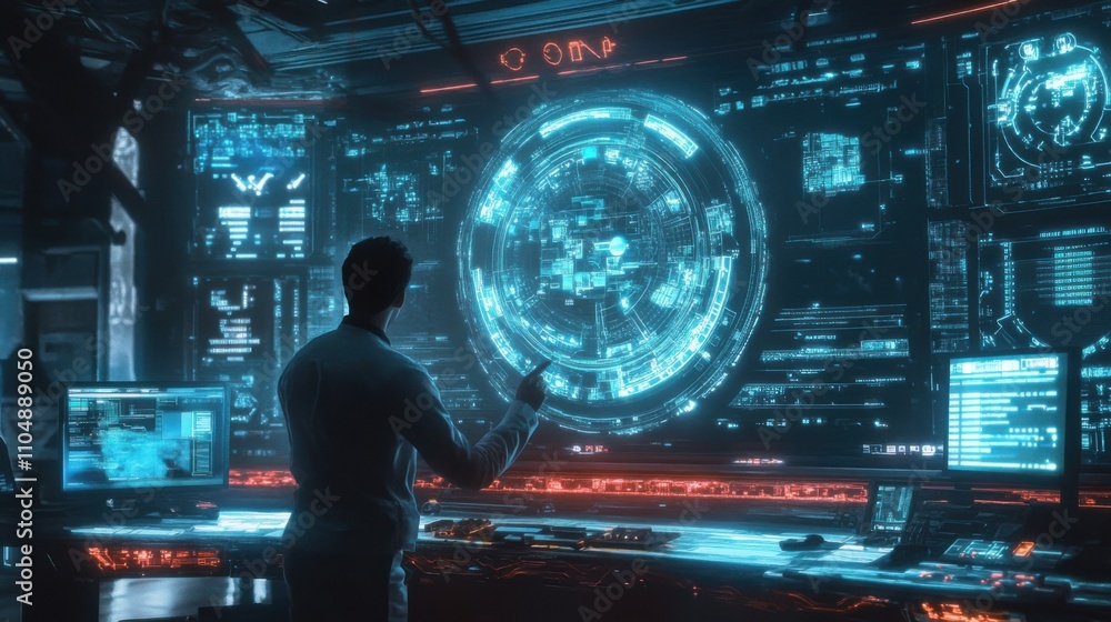 Aufkleber futuristic control room with holographic display and user interaction