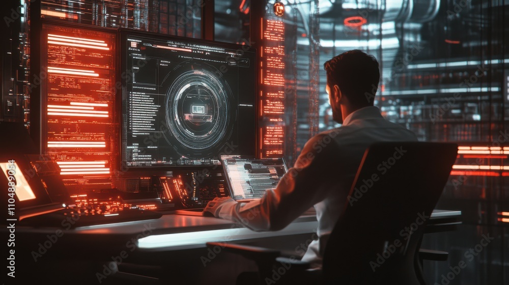 Poster futuristic data analyst working in high-tech control room environment