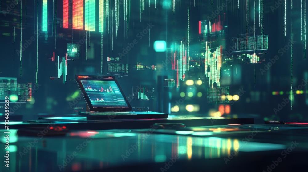 Poster futuristic digital workspace with laptop and data visualizations