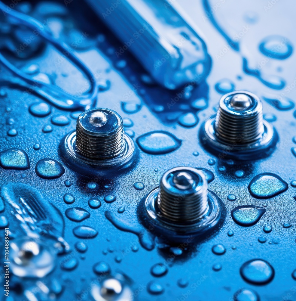 Aufkleber close-up view of metal screws on a wet surface with water droplets creating an interesting textured 