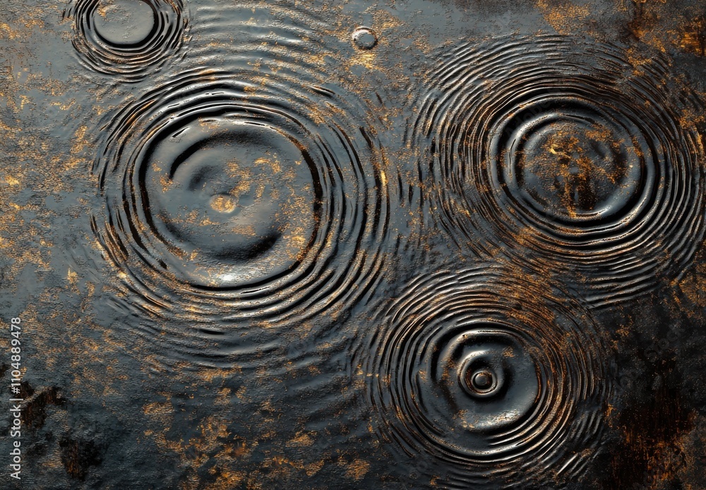 Poster close-up view of raindrops creating ripples on a dark surface with golden texture, capturing an abst