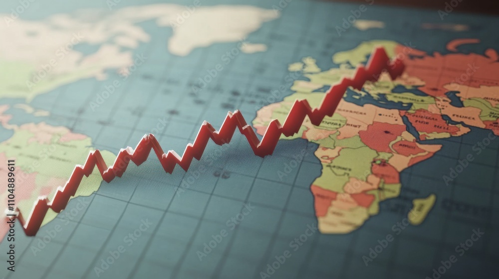 Poster red arrow graph on world map representing global economic growth