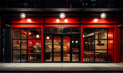 Front view of a modern, red restaurant entrance with large glass windows