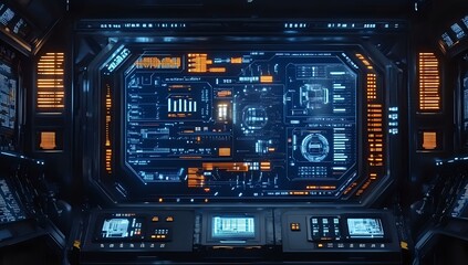 Fototapeta premium Futuristic Spaceship Cockpit Interface Design: Advanced Technology Control Panel with Neon Blue and Orange Lights