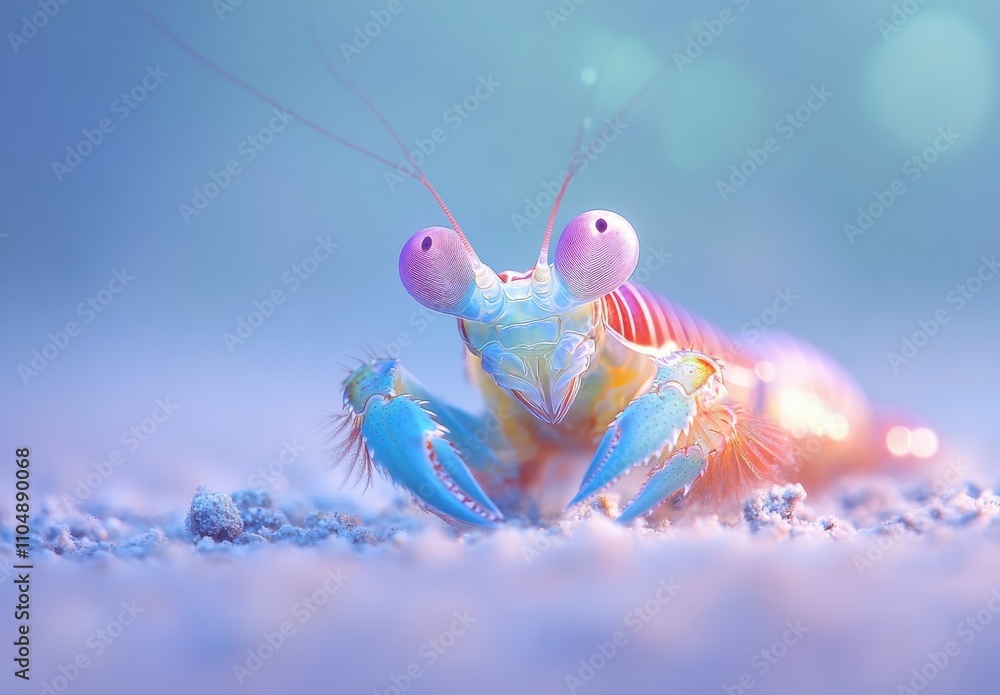 Poster colorful close-up of a vibrant mantis shrimp displaying its striking eyes and claws in a serene unde