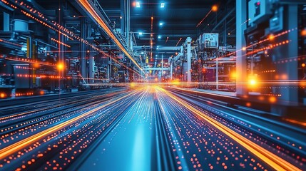 Obraz premium Futuristic factory interior with illuminated production lines.