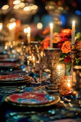 Dinner gala featuring a fusion of traditional and contemporary decor, highlighted by cultural motifs and innovative table setups